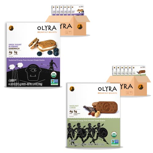 Olyra Organic Breakfast Biscuits Bundle | Yoghurt Blueberry + Hazelnut Carob | 6 Boxes Each - 12 Total | Low Sugar High Fiber Plant Based Protein Cookies #TOP8