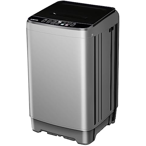 Pluralla 15.6lbs Full-Automatic Washing Machine, Portable Compact Laundry Washer with Drain Pump, 10 Programs 8 Water Levels with LED Display for RV, Camping, Apartment, Dorm, Dark-Grey Cover