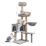 【Estructura robusta y estable】 Una sólida estructura multiplataforma diseñada específicamente para gatos, con postes de sisal de 7 cm de grosor y una base reforzada, hace que el gato trepe al árbol sea más estable y no se vuelque incluso cuando varios gatos juegan en él.