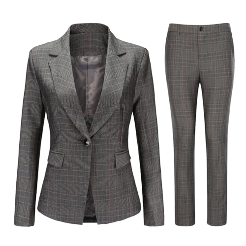 YUNCLOS Women's Vintage 2 Piece Plaid Suit Set 1 Button Stylish Blazer and Pants