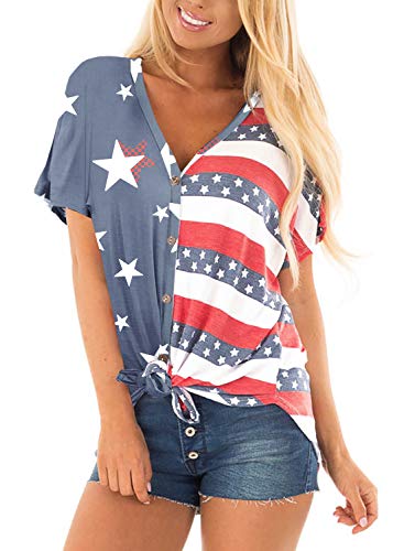 Ladies 4th of July Tops Button Down V Neck Loose Fit Summer Short Sleeve Stars and Stripes Shirt American Flag L