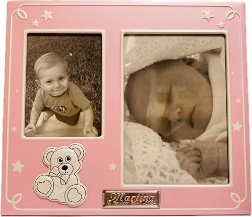 RegalosDeBodaOnline Portafotos para invitados Bautizo o Nacimiento, Marco grande con dos fotografías para niña, Regalo personalizado y decorado