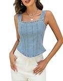 Ladyful Denim Corset Top for Women Square Neck Jean tank Tube Top Back Tie Spaghetti Strap Crop Denim Vest Cami, Light Blue, Medium