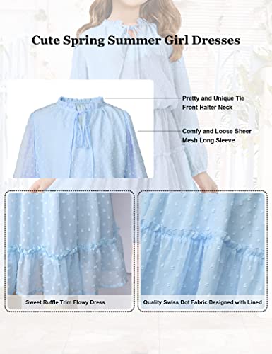 Girls Dresses Size 10-11 Blue Dress For Girls V Neck Tie Front Kids Dress Long Sleeve Swiss Dot Knee Length Dress Flowy Chiffon Dress Cute A-Line Girls Spring Summer Dresses Casual Girl Dress #TOP4