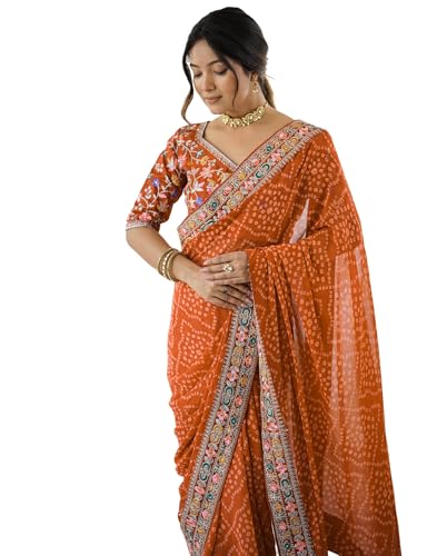 Image of SIRIL Women's Georgette Bandhani Printed Saree with Unstitched Blouse Piece