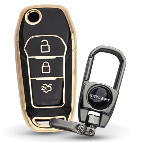 Image of KEYCEPT Gold Line TPU Key Cover Compatible for Ford Figo | Aspire | Endeavour | 3 Button Flip Key with Keychain. (Type 2, Black)