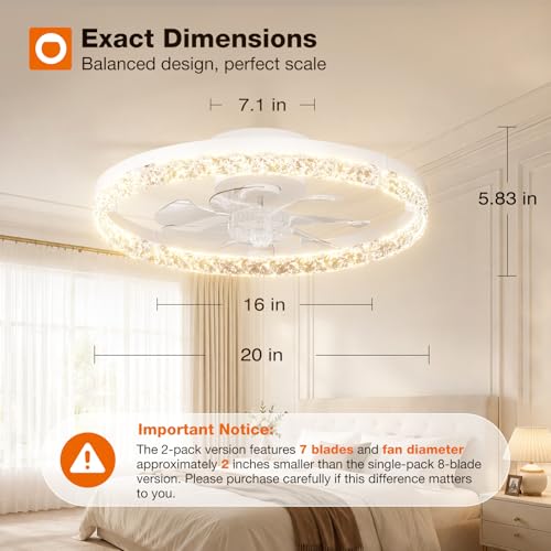 Image of addlon 2 Pack Ceiling Fans with Lights and Remote, 20'' Low Profile Ceiling Fans, 3000-6000K Dimmable Modern Flush Mount LED Fan Light, Fandelier Ceiling Fan for Bedroom, Kitchen, Living Room