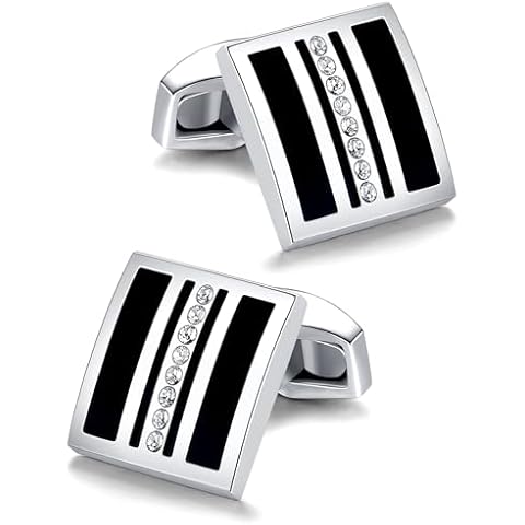Mr.Van Cufflinks for Men, Square Shape Cuff Links Black Enamel Silver Base Crystal Cuff Link Business Cover