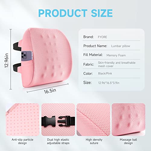 Fyore Lumbar Pillow Memory Foam Back Support Cushion With Anti-Slip Particles Designed For Lower Back Pain Relief Back Pillow 2 Adjustable Straps For Computer/Office Chair,Car Seat,Recliner(Pink) #TOP6