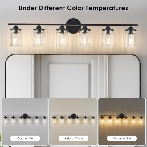 Image of Jonsi Bkack Bathroom Light Fixtures 6-Light Vanity Lights Modern Wall Sconce with Clear Glass Shade Bathroom Light Fixture Over Mirror for Bedroom Hallway Kitchen