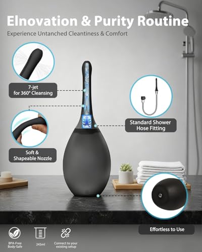 Image of Douches for Men Enema Bulb - Anal Douche Anti-Backflow & Leakproof, Flexible Silicone Tube, 7 Spouts, Shower-Connected, Portable Douche for Travel and Home 8.3oz, (Black)