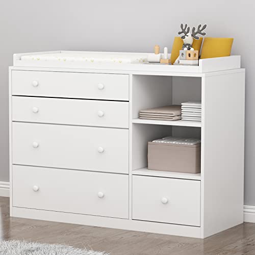 AIEGLE Cómoda baybe para cuarto de bebé, cómoda blanca para recámara con 5 cajones y estantes de almacenamiento,...