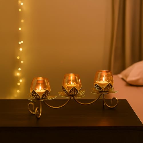 Image of MARKET 99 Metal + Glass 3 Votive T-Light Holder | Elegant Lotus-Shaped Candle Holder for Christmas, Diwali & Wedding Decor | Decorative Tealight Stand for Home, Festive & Gifting Use - Golden