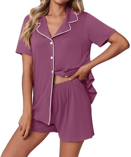 Image of Ekouaer Pajamas Set for Women 2 Piece Pjs Short Sleeve Sleepwear Button Down Lounge Shorts Sets S-XXL