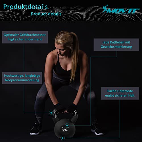 MOVIT Kettlebell PRO, Kugelhantel aus Gusseisen mit Neoprenbeschichtung, 12 Varianten: 2 bis 24 kg, schadstoffgeprüft, Schwunghantel Kugelgewicht – Bild 6