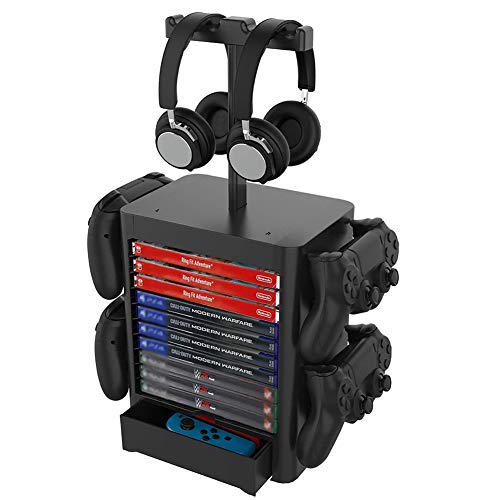 SJH Multifunktionale Game Console Storage Turm, Spielscheibe Rack Abnehmbarer vertikaler Ständer mit Schublade, halten bis zu 4 Controller Cover