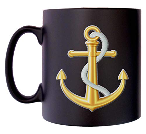 Klassek Gold Anchor Rope Sailing Sailor Yachting Captain Mug Ship Navy Sea Coffee Tea 10oz Black Satin Gift Present