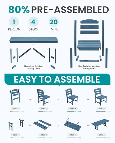 Image of SERWALL Outdoor Armless Dining Chairs Set of 4, All-Weather HDPE Patio Dining Chairs with 19.7 inch Widened Seat and Curved Backrest for Backyard, Garden, Blue