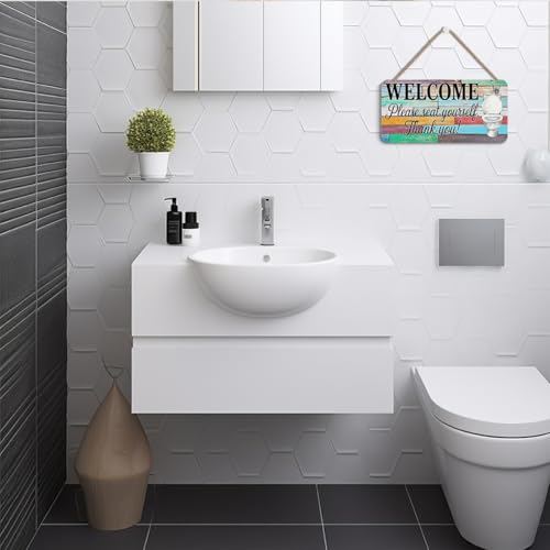 Image of Funny Bathroom Hanging Wooden Wall Sign Decor, Please Seat Yourself Wood Sign Plaques, Humorous Signs Wall Art Decor for Bathroom Farmhouse, 12 x 6 Inch