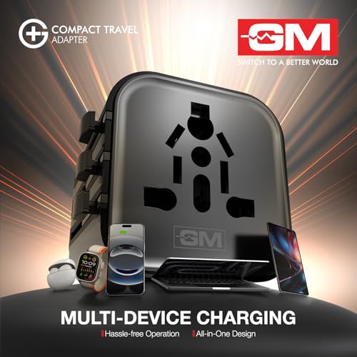 Image of GM G+ Compact Travel Adapter | Universal All-in-One Worldwide Plug (US /UK /EU /AU) | Multi-Device Charging | Smart Safety Protection | Foldable, Fire-Resistant Travel Charger for 150+ Countries - Black