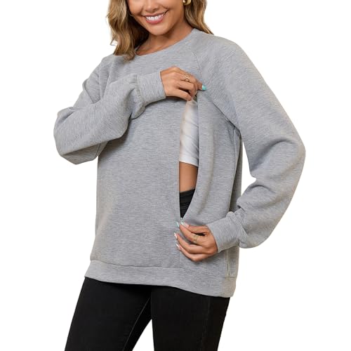 DEBELLY Nursing Sweatshirt for Women Breastfeeding Nursing Friendly Unique Dual Zipper Design Long Sleeve Crew Neck Casual Breast Feeding Sweater Dark Grey M