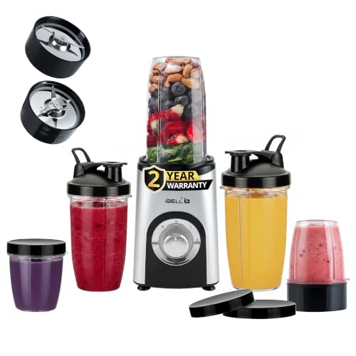 Image of iBELL Nutri Blender & Juicer Mixer Grinder for Home, 600W Powerful Copper Motor, 24,000 RPM, 5 Multi-Purpose Jars, 2 Stainless Steel Blades & 3 Speed Modes for Smoothies, Grinding & Blending (Silver)