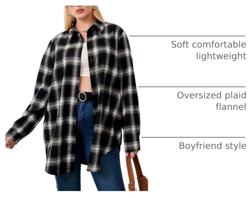 Image of HangNiFang Womens Flannel Plaid Shirts Oversized Button Shirts Blouse Tops