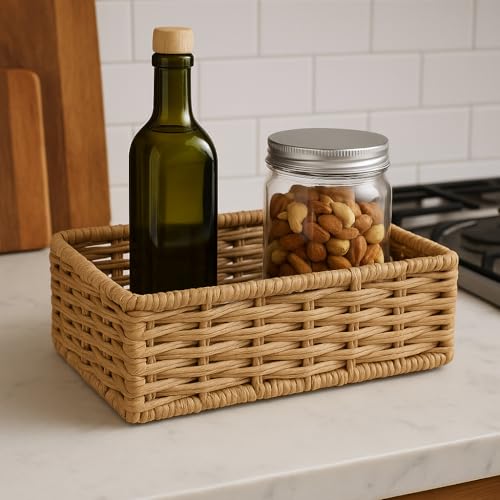 Image of Ikari Homes Rectangular Woven Raffia Basket, Natural Decorative Storage Tray I Boho decor storage vanity basket I Gifting Basket I Sustainable organisor Storage Basket (9 in x 5 in)