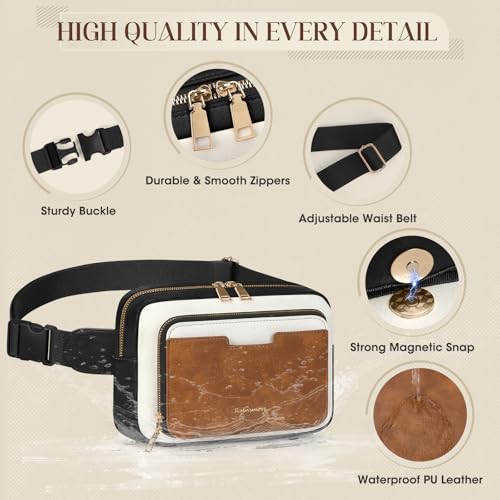 Image of RAINSMORE Fanny Packs for Women, Leather Belt Bag Waterproof Everywhere Crossbody Waist Pack with Adjustable Strap Retro Sling Chest Bag for Work Running Travel Party, Black and Brown with White