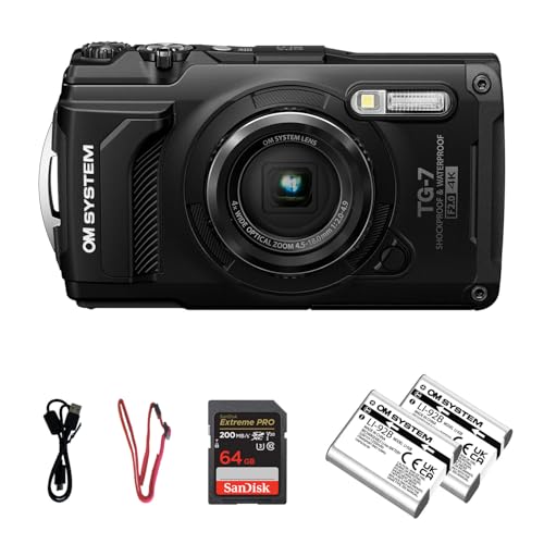OM SYSTEM Tough TG-7 Digital Camera - Black | Waterproof 12MP Outdoor Adventure Camera w/ 4K Video, Travel Camera for Hiking, Snorkeling w/Extra Rechargeable Li-ion Battery & 64GB Memory Card Bundle