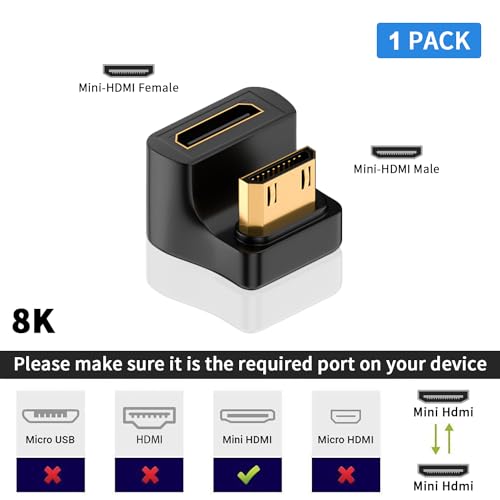 Duttek Adaptador de ângulo mini HDMI em forma de U 8K, mini HDMI macho para fêmea de 48 Gbps, adapta