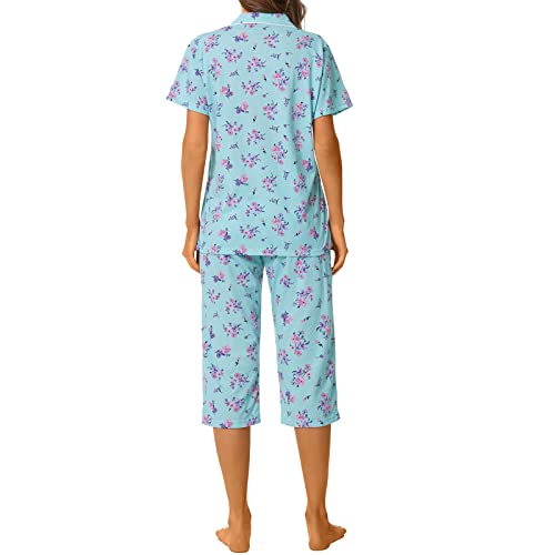 Image of Tugege Capri Pajamas Set Womens Button Down Short Sleeve Lounge Sets Sleepwear Notch Collar Top & Capri 2 Piece PJ Sets