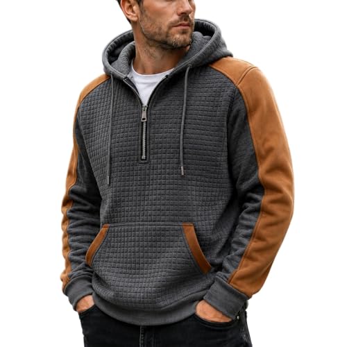GOSEAGOTOFUN Quarter Zip Pullover Men Color Blocking Hooded Sweatshirt Casual Long Sleeve Hoodie Winter Fashion Warm Pullover Dark Gray Medium - image 2