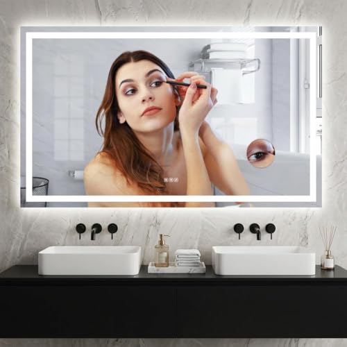 Image of GarveeHome 60x36 Inch LED Bathroom Mirror with Lights, Dimmable Backlit & Frontlit Vanity Mirror, Anti-Fog, Shatterproof, 3X Magnification, Rectangular Wall Mounted Smart Mirror for Bathroom