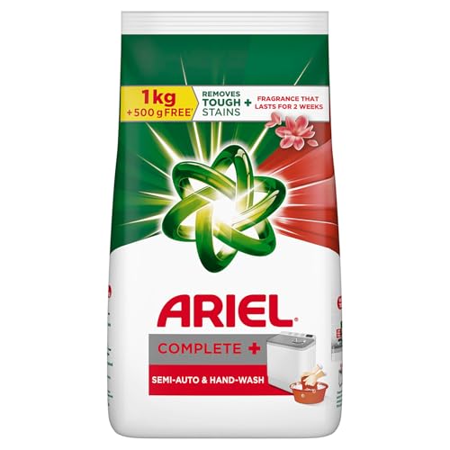 Image of Ariel Complete Detergent Powder - 1kg + 500g free | Removes 100 Tough Stains in 1 wash | Fragrance that lasts for 2 weeks | For Semi Auto Washing Machine & Bucket Wash