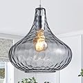 Hammered Glass Pendant Light - 11" Vintage Industrial Farmhouse Fixture for Kitchen Island, Dining Room & Entryway, Smoke Gray Ceiling Hanging Light with Chrome Finish,Easy Install Modern Chandelier