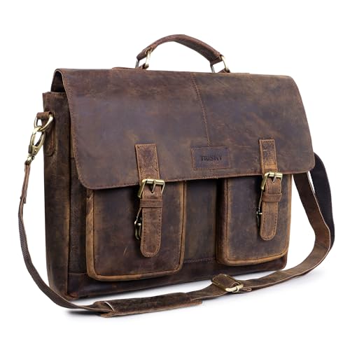 TRISKY Leather Messenger Bag for Men, Laptop Messenger & Shoulder Bags, Leather Book Bag, college graduation gifts for him, Travel, Work (Vintage Hunter Brown, 16 inch)2