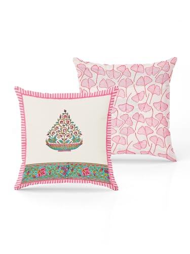 Image of BLOCKS OF INDIA Hand Block Printed Cotton,300 TC Cushion Cover (16 X 16 Inches) (Cushion 7), Pink