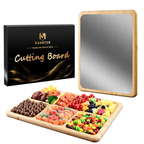 2 in 1 Double Sided Titanium Cutting Board & Bamboo Food Serving Charcuterie Cheese Board with Compartments, Stainless Steel Chopping Board Kitchen Serving Tray for Meat, Veggies,Snacks 15*11*0.8"