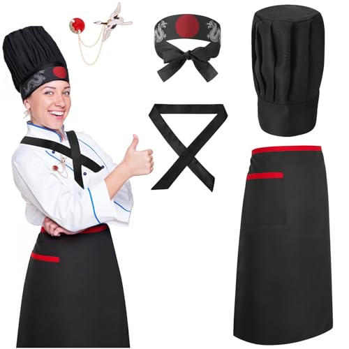 XLSXEXCL Hibachi Chef Hat and Apron Costume Set Professional Complete Japanese Teppanyaki Costume with Hachimaki Headband Tie Tall Chef Hat Brooch Apron for Hibachi Birthday Party Costume (Adult)