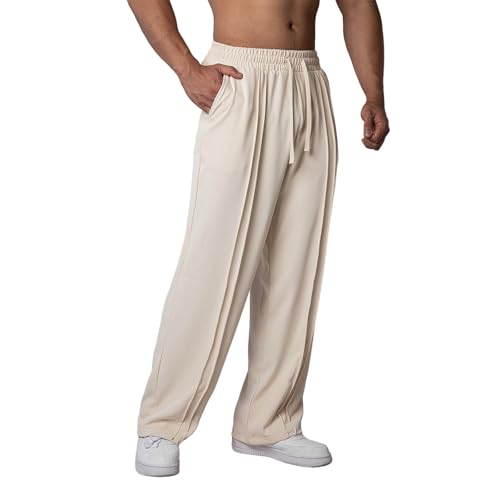 Men's Lightweight Casual Baggy Pants Loose Fit Elastic Drawstring Waist Comfy Soft Pleated Wide Leg Pant with Pockets