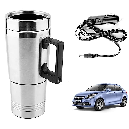 Image of Oshotto 12V Stainless Steel Car Heating Kettle /Mug, Travel Friendly electric Tea /Coffee maker Compatible with Maruti Suzuki Dzire 2008-2016 (300ml) - Silver