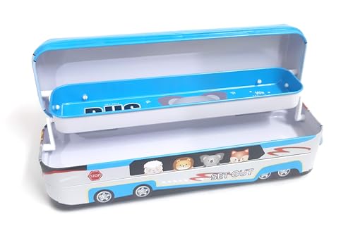 Image of Gifts- Metal Bus-Shaped Pencil Box with Pull-Back Wheels - 21 cm, Double Layer Storage Case for Kids, School Stationery Organizer (Pack of 1- Random Design)