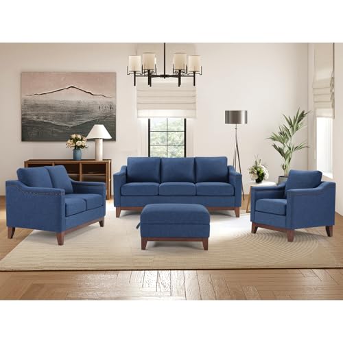 Image of 4-Piece Living Room Sofa Set with Coffee Table, Vintage Rivet Couch Sets with Solid Wood Legs, Sofas Furniture of Ottoman with Storage Space, Armchair, Loveseat and 3-Seat Sofa, Blue