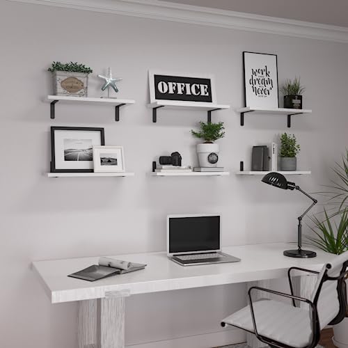 Image of WOPITUES Floating Shelves Set of 6 for Wall Decor & Storage, White | Wood Farmhouse Book Shelves for Bedroom, Bathroom, Living Room, Kitchen, Office, Laundry Room, Study Room Display, 16.5''