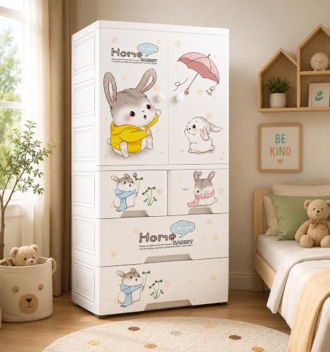 Image of HIWARE Premium Modular Wardrobe for Bedroom, Kids Room and Home | Spacious Clothes Storage Cabinet with Drawers and Shelves | Modern Stylish Design, Heavy Duty, Multipurpose Organizer -Cute-Rabbit