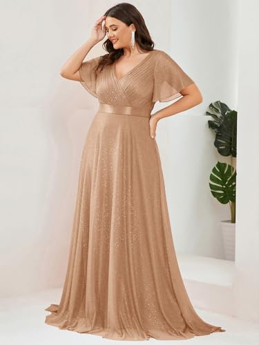 Image of Ever-Pretty Plus Women's Glitter Formal Dress Evening Gown for Gala V-Neck Short Sleeve Floor Length Plus Size Prom Dresses
