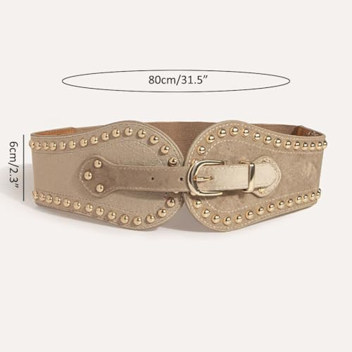 Women's Elastic Skinny Belt Western Rivets Velvet PU Leather Waist Band Wide Cinch Belt for Cowgirl Sweater Overcoat Dress2