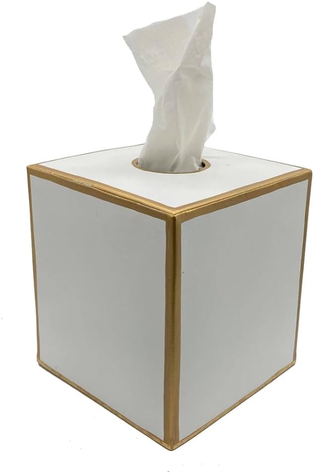 Jaye’s Studio Metal Decorative Tissue Box Cover Square Tissue Box Holder For Bathroom & Bedroom White And Gold Desk Accessories, Facial Tissue Dispenser White Tissue Box Cover Gold For Farmhouse Decor