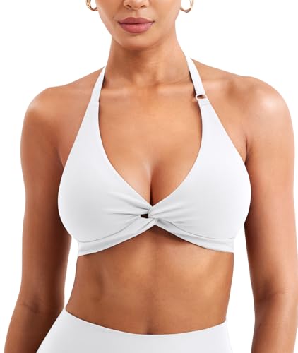 Image of YEOREO Halter Sports Bras for Women Low Impact Removable Padded Adjustable Deep V Bra Seamless Workout Gym Crop Tops